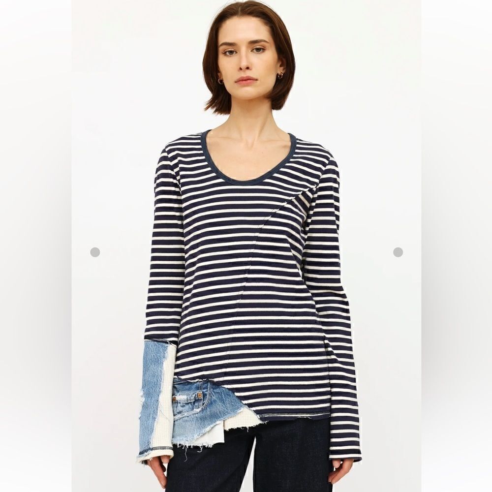 Greg Lauren Mixed Media Denim Stripe Asymmetric Shirt